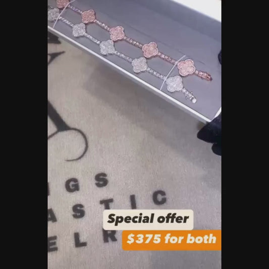 3mm Four Leaf Clover Bracelet Moissanite Diamond Silver Set of 2