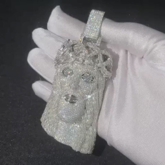 Custom Pendant 4" Jesus Head Solid Sterling Silver Moissanite Diamonds