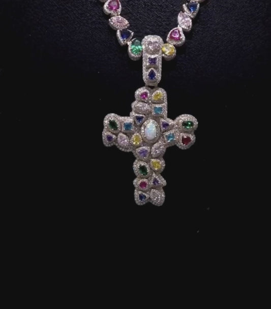 Multi-Gemstone Iced-Out Cross Pendant 925 Silver Moissanite Kings Fantastic Jewelry