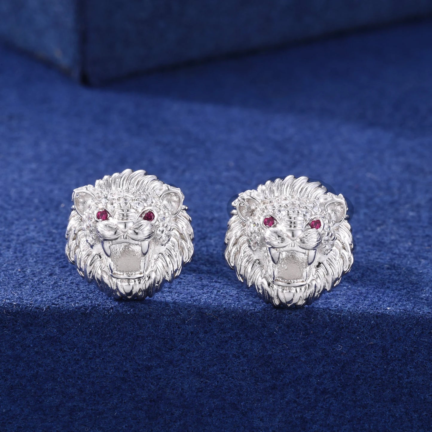Lion Head Stud Earrings Solid 925 Sterling Silver Moissanite Earrings
