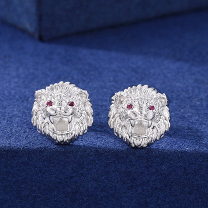 Lion Head Stud Earrings Solid 925 Sterling Silver Moissanite Earrings