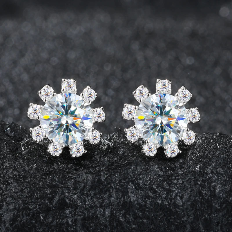 1CT Moissanite Diamond Halo Sunflower Stud Earrings Sterling Silver