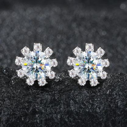 1CT Moissanite Diamond Halo Sunflower Stud Earrings Sterling Silver