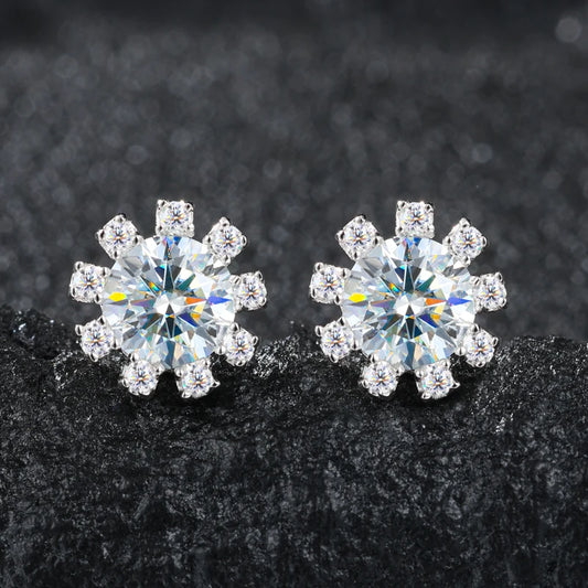 1CT Moissanite Diamond Halo Sunflower Stud Earrings Sterling Silver