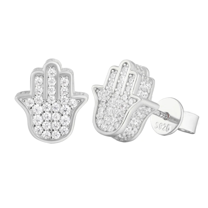 Real Moissanite Sterling Silver Fatima Hamsa Hands Stud Earrings
