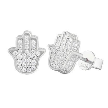 Real Moissanite Sterling Silver Fatima Hamsa Hands Stud Earrings