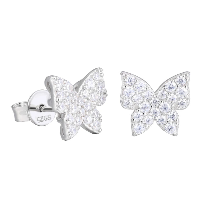 Mini Butterfly Stud Earrings 925 Sterling Silver Iced Out Moissanite