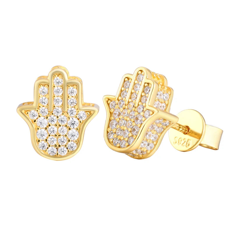 Real Moissanite Sterling Silver Fatima Hamsa Hands Stud Earrings