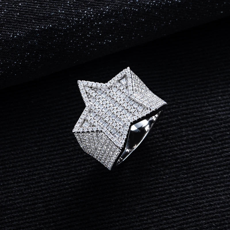 Moissanite Iced Out Pentagram Ring Sterling Silver Star Ring