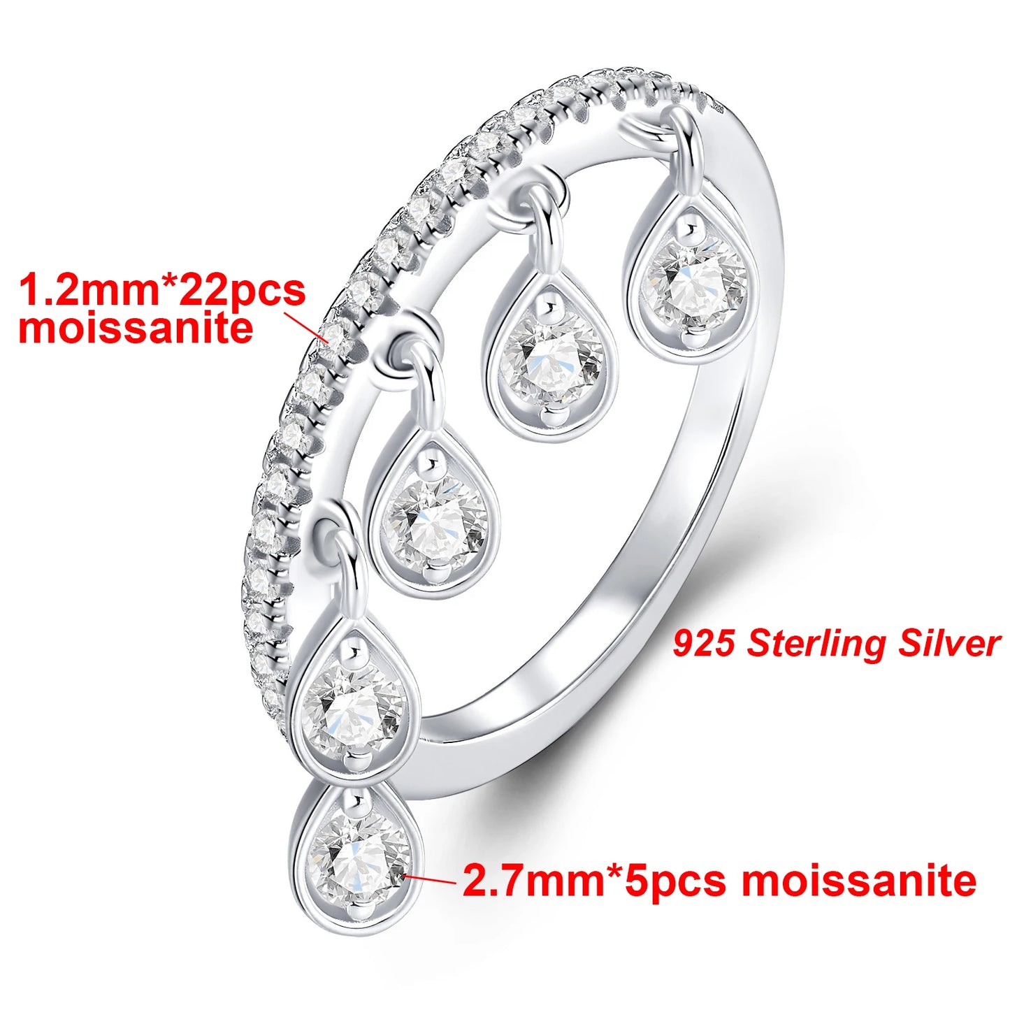 Tassel Ring 925 Sterling Silver WaterDrop Dangle Diamond Wedding Band